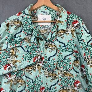 Printfresh Mens Pajama Top Medium Mint Green Christmas Leopard Santa Hat Cotton